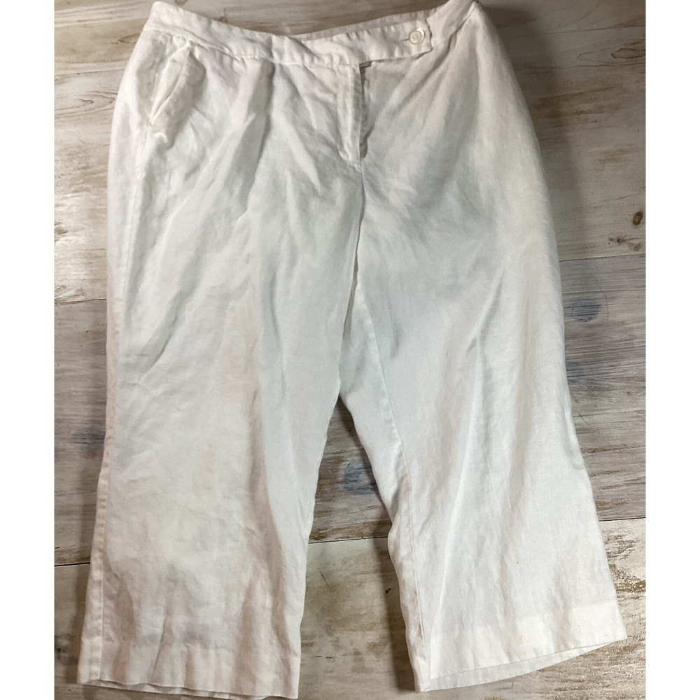 White 100% Linen Capri Pants Lined Women's 14